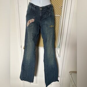 Embroidered Patch Dark Blue Flare Jeans for Women